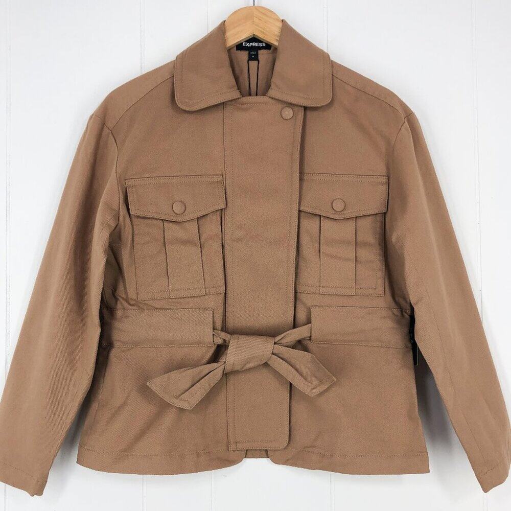 Express Cotton Twill Utility Jacket Oversized Pockets Belted Size XS Camel Tan